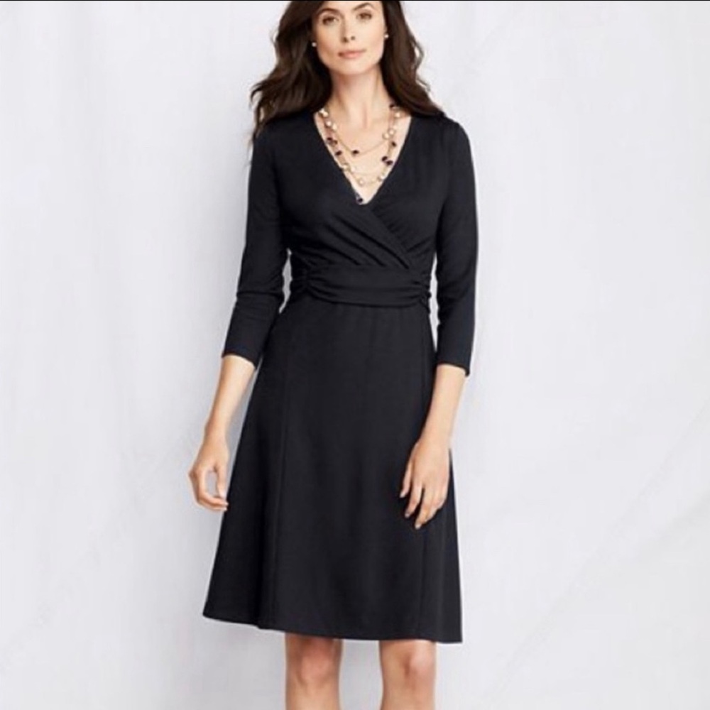 Lands’ End Black Faux Wrap Dress Womens Size XL 18 V-neck 3/4 Sleeve Classy